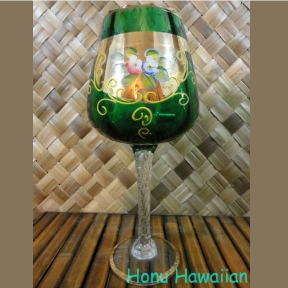 VTG Czech Emerald PAINTED GOLD Huge Goblet 10"